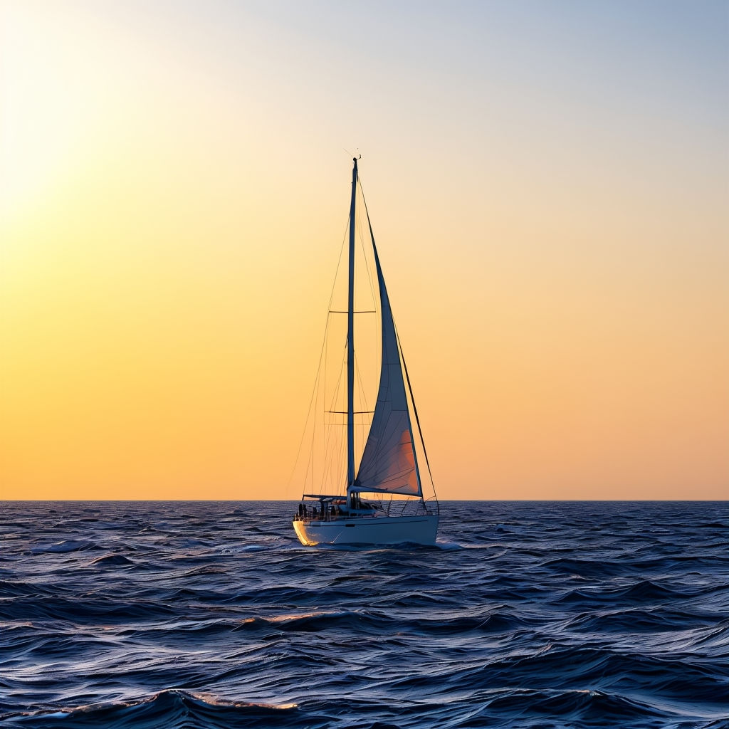 Sailboat on the open sea during sunset with a glowing horizon