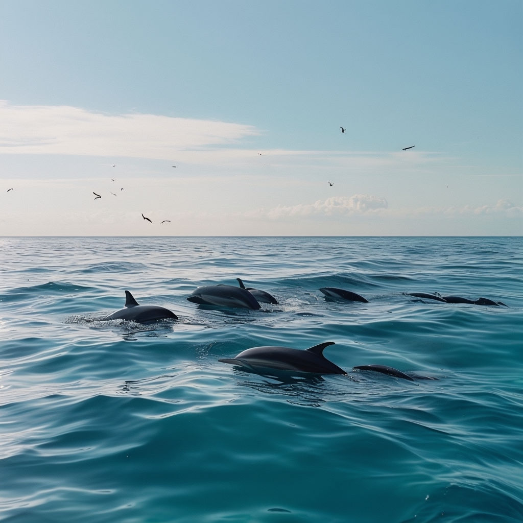 Calm ocean with a gentle breeze, dolphins swimming, and a clear blue sky