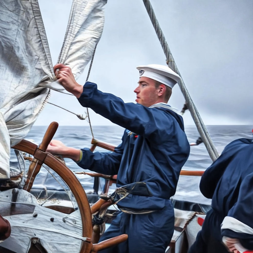 Sailor adjusting the sails on a boat during windy weather